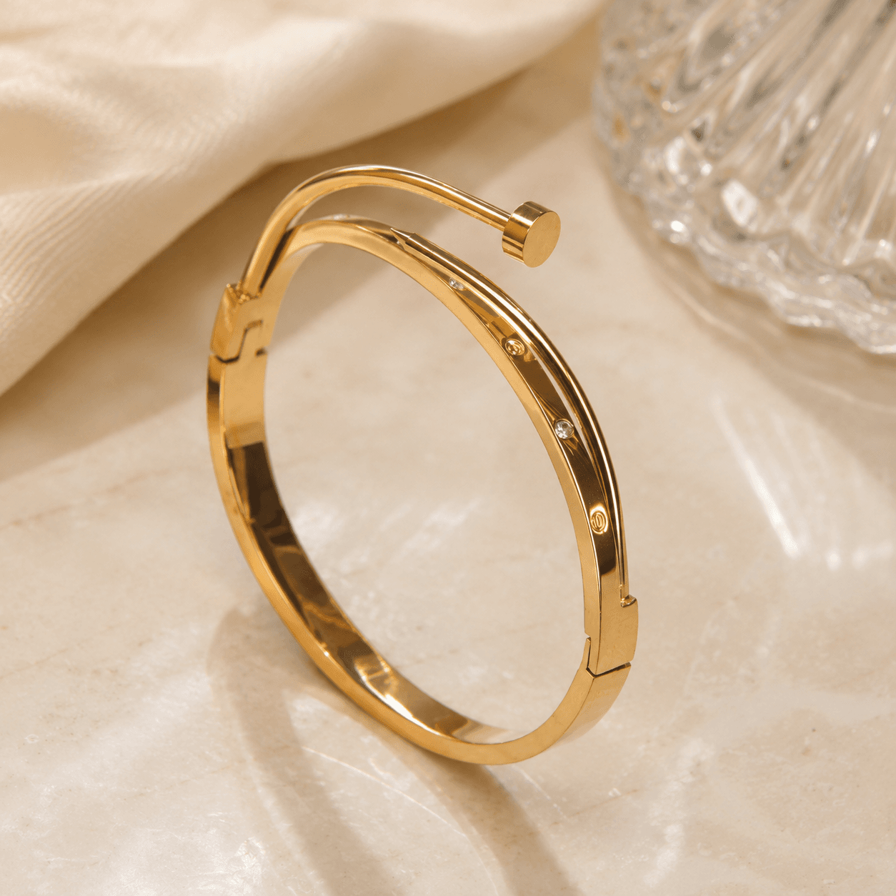 Gold Open Cuff Bracelet – Elegant Anti-Tarnish Bracelet with Stone Details Size 2.6 thumbnail 1