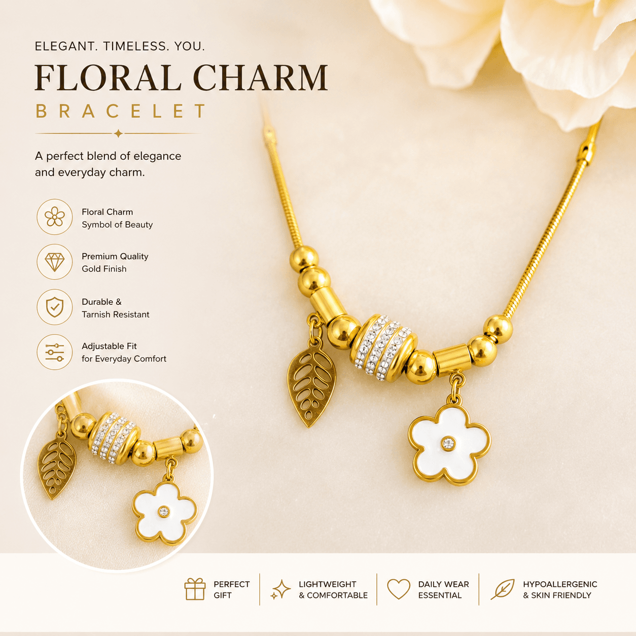 Elvarra Anti-Tarnish Floral Charm Bracelet – Elegant Gold Charm Bracelet thumbnail 2