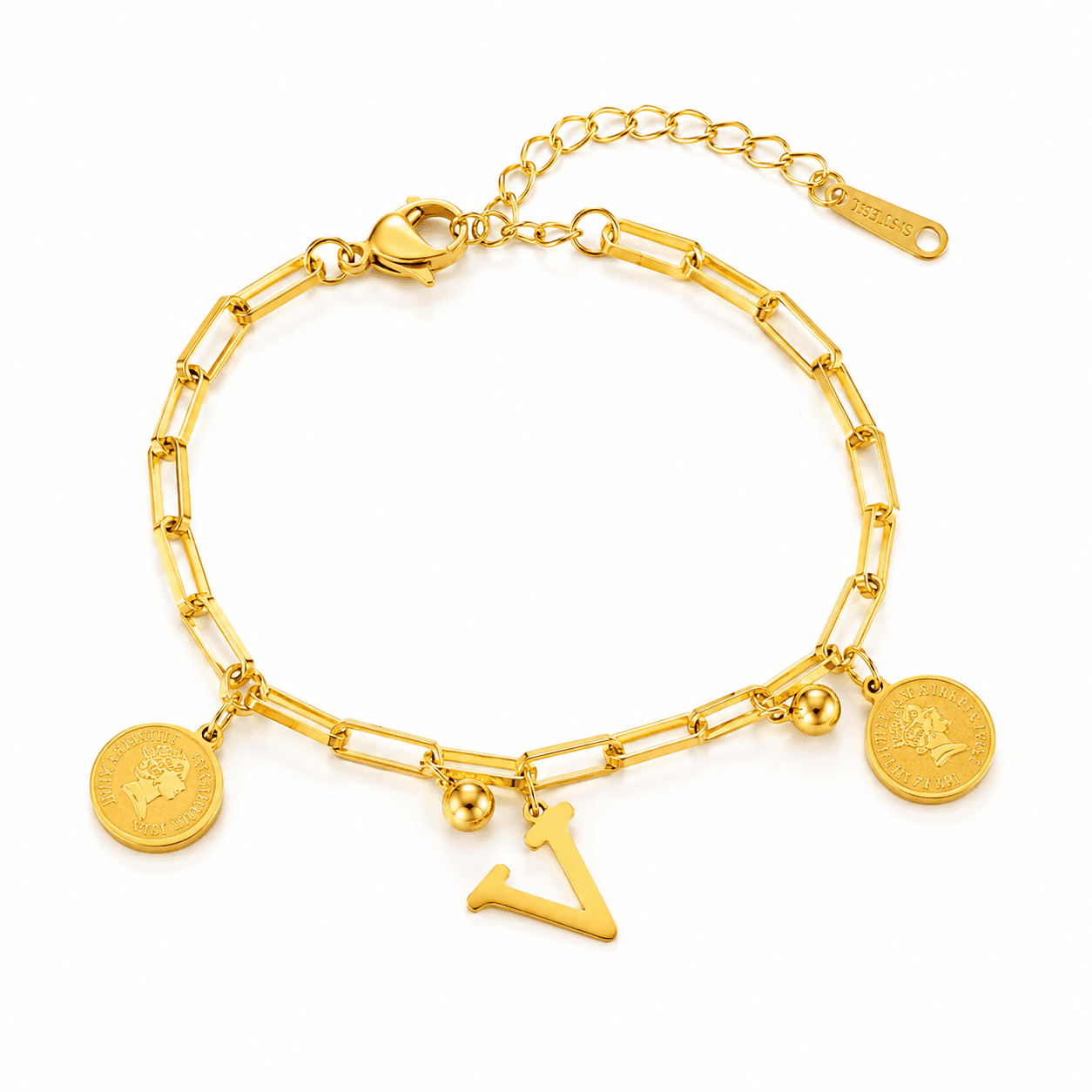 Anti Tarnishg Golden Initial V Charm Bracelet thumbnail 2