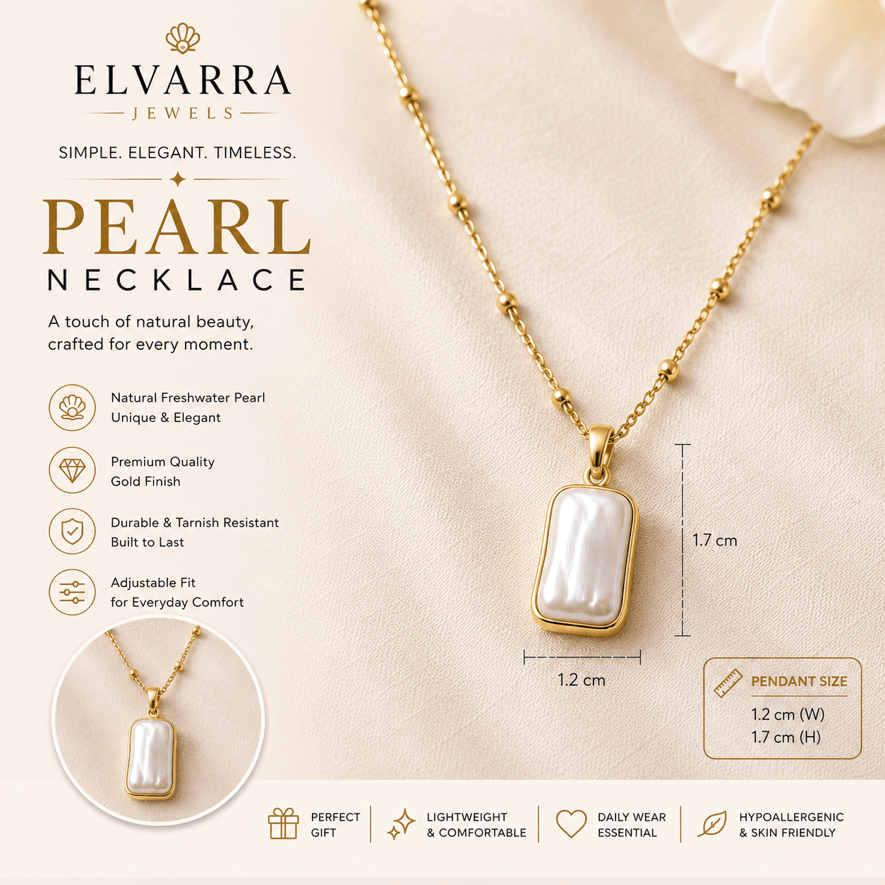 Elvarra Anti-Tarnish Pearl Glow Necklace – Freshwater Pearl Pendant thumbnail 2