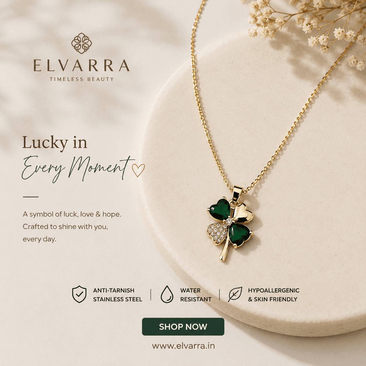 Elvarra Lucky Clover Anti-Tarnish Necklace – Green Crystal Pendant | Waterproof Stainless Steel thumbnail 1
